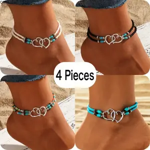Women’s 4-Pack Boho Multicolor Beaded Anklet Set, Shimmering Hollow Double Heart Charm, Elastic Adjustable Stackable Beach Jewelry, Unisex Minimalist Style for Summer Casual Wear, Vacation Accessories