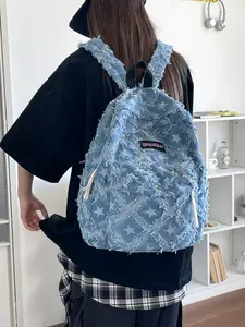 2026 New Vintage Frayed Edge Denim Star Backpack, Retro Ripped Patch Student School Bag, Streetwear Casual Shoulder Bag
