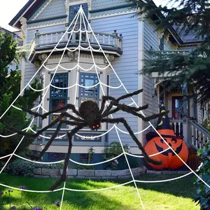 Halloween Decorations 196.85inch Spider Web 59inch Giant Spider Triangle Cobweb Realistic Scary Spider 2 Small Spiders Spider Web Kit for Indoor Outdoor Porch Yard Party Haunted House Decor
