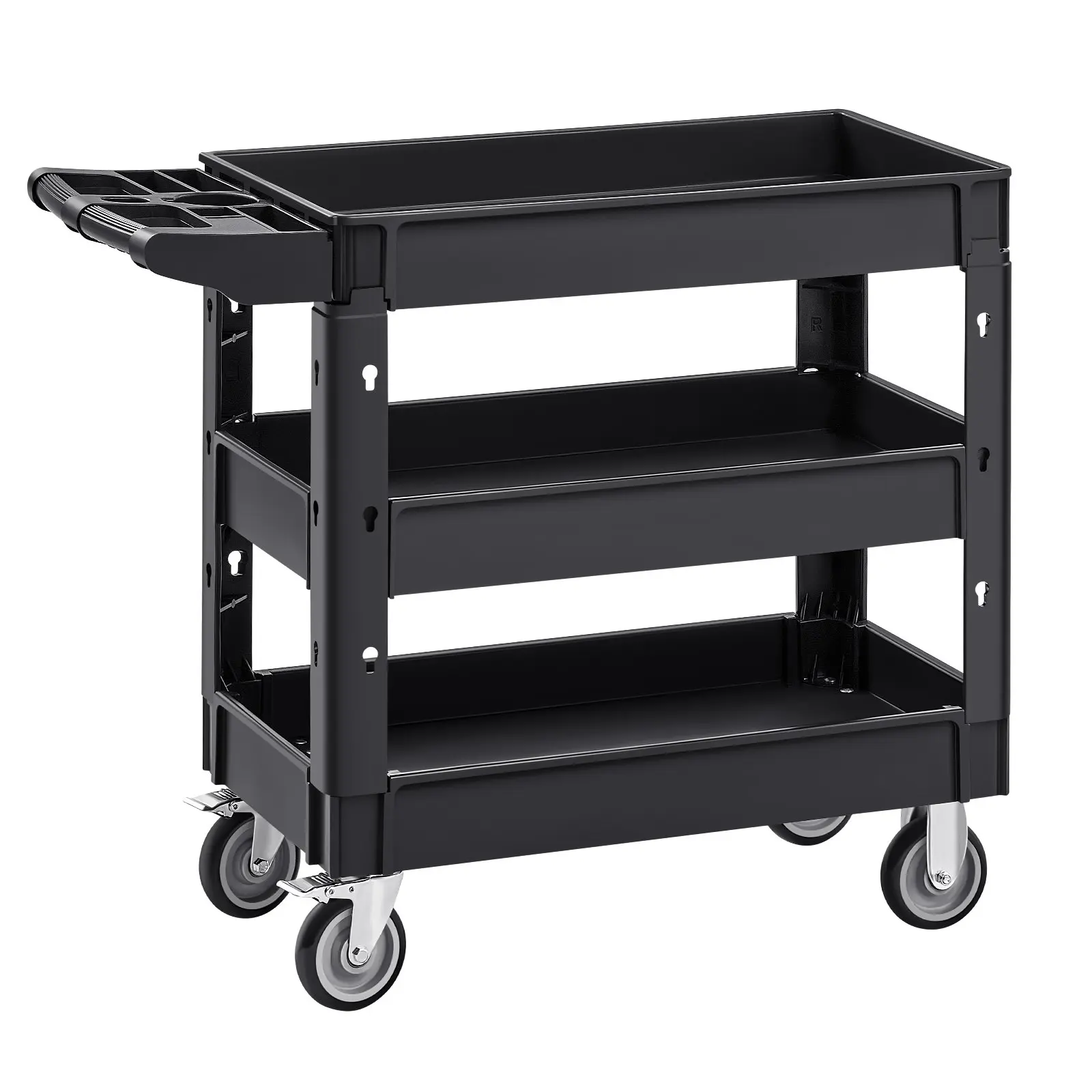 【DealsForYouDays】VEVOR Utility Service Cart, 550 LBS Laod Capacity, 3 Shelf Heavy Duty Plastic Rolling Utility Cart with 360 Swivel Wheels (2 with Brakes), Ergonomic Storage Handle for Warehouse/Garage/Cleaning