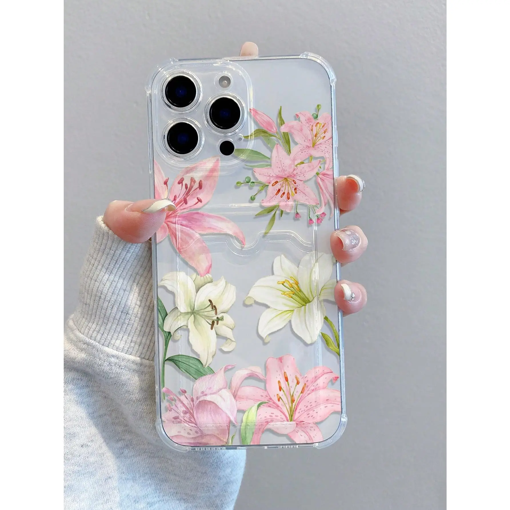 Shockproof pink and white lily flower card slot phone case, spring gift. Four corner anti drop transparent space case phone case, suitable for iPhone 17/16/15/14/13/12/11/Plus/Pro/ProMax/Air/X/XS MAX series, birthday gift, holiday gift, couple phone case