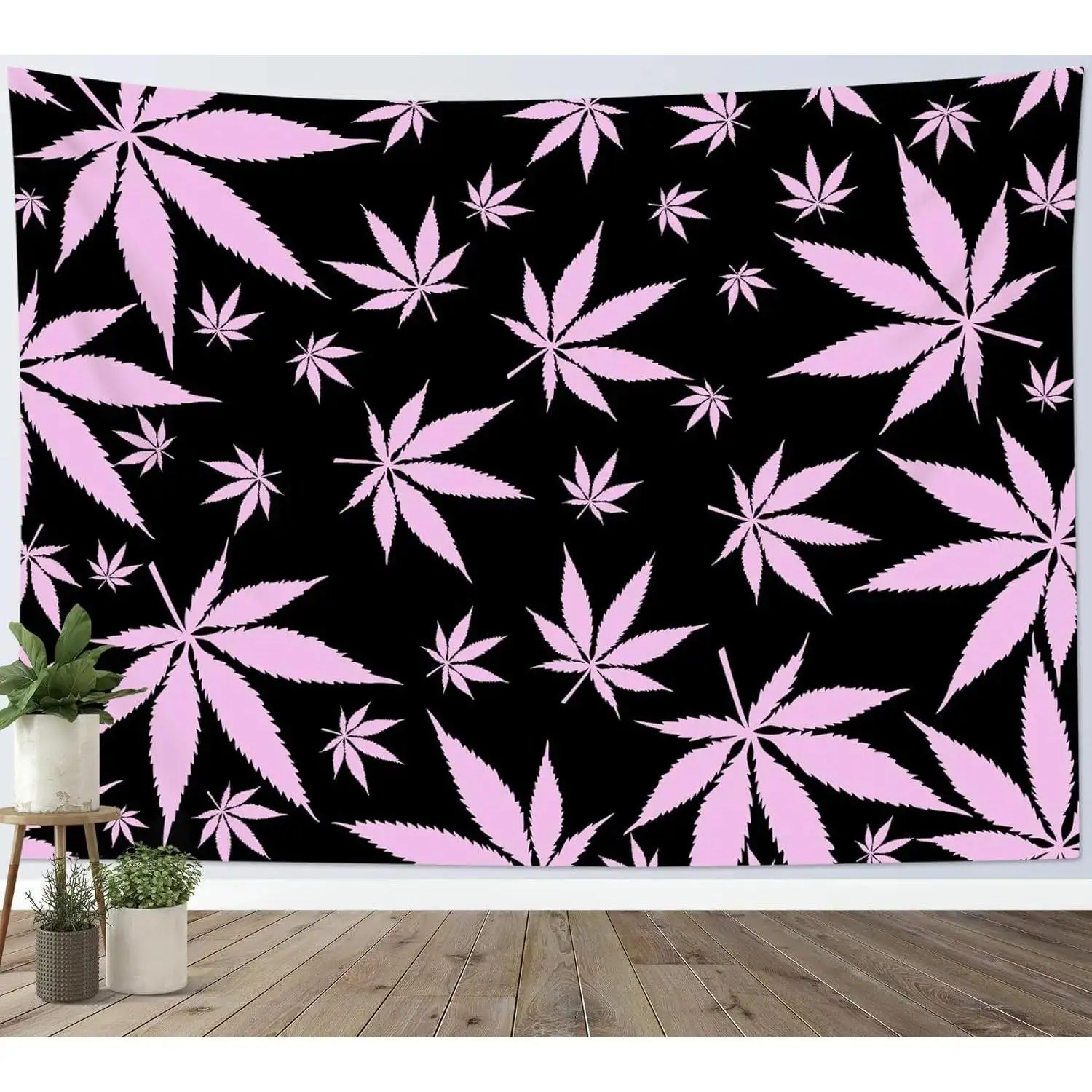 Pink Weed Leaf Tapestry - 420 Stoner Wall Art, Trippy Psychedelic Room Decor, Black Background, Multiple Sizes