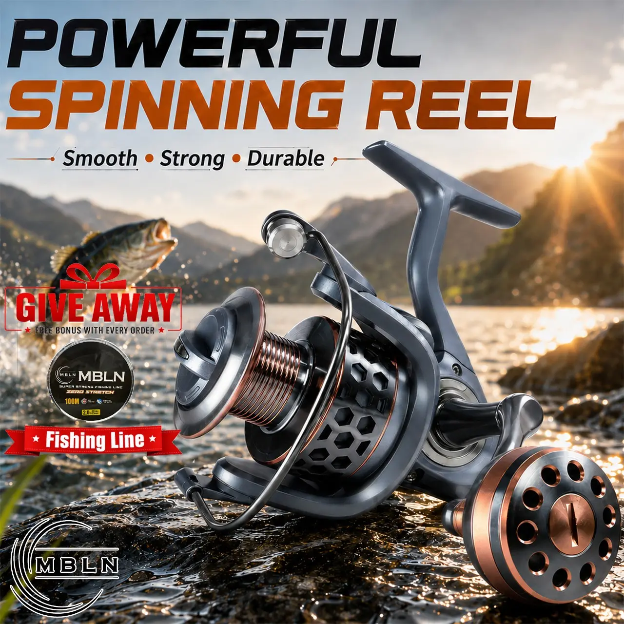 Spinning Fishing Reel Set, Durable Fishing Gear, Smooth Fishing Reel, Size 2000-7000 Options, 2+1 Bearings, 5.1:1/5.2:1 Gear Ratio, Left/Right Metal Handle, Aluminum Hollow Spool, Includes 100M Fishing Line, for Freshwater and Saltwater Casting
