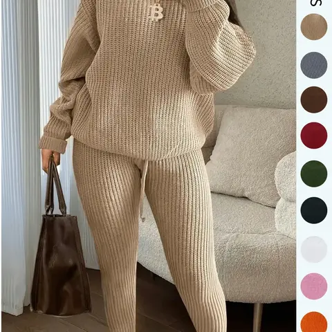 Women's Solid, Round neck Drop Shoulder Long Sleeve Sweater & Drawstring Waist Pants Set, Casual Cozy Knitwear for Daily Outdoor Wear, Ladies Fall & Winter Clothes, Women's 2 Pcs Sweater Set, Fall/Winter Outfits, Casual Loungewear