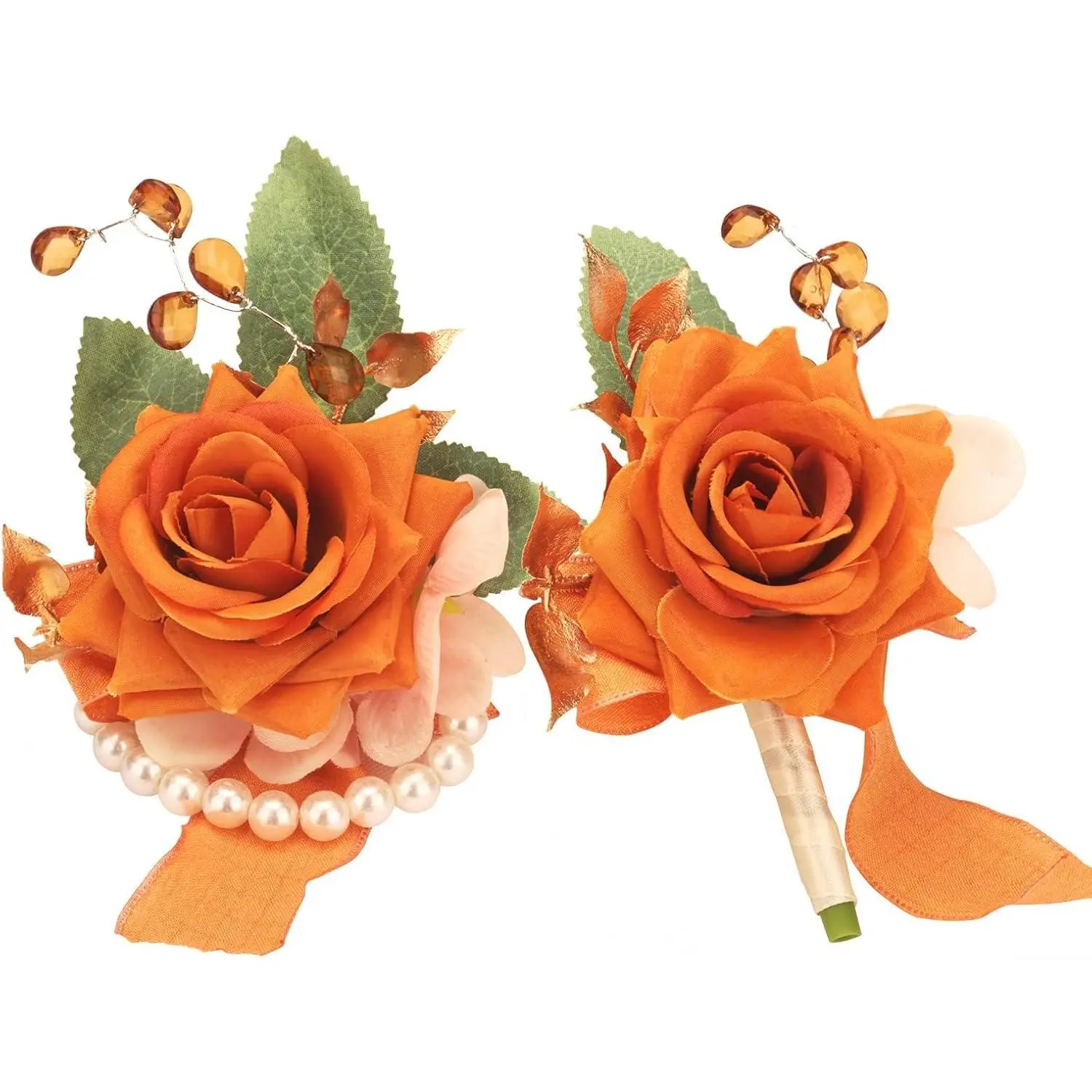 Burnt Orange Rose Wrist Corsage and Boutonniere Set Artificial Prom Flower Corsage Wristlet Band Bracelet and Boutonniere for Men Wedding Accessories Prom Stuff Decorations