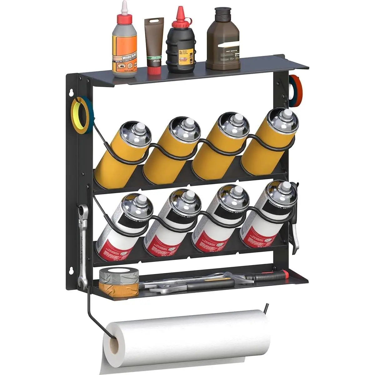 Spray Paint Can Holder with Paper Towel Holder for Home Garage Organizer Wall Mount Paint Bottle Tool Utility Storage Rack with 8 Holes & 2 Shelf for Shop Black