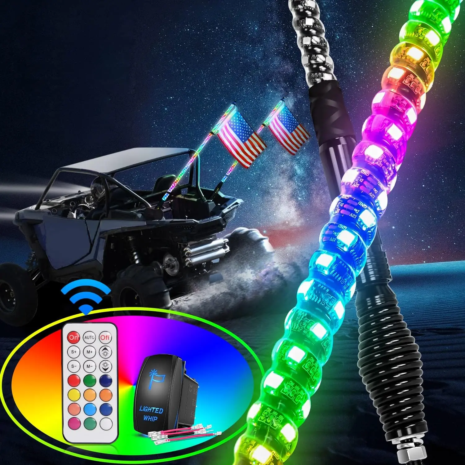 Nilight 2PCS 5FT Spiral RGB LED Whip Light Set - Programmable Dancing Lights, RF Remote, Spring Mount for Can-Am, UTV, ATV Off Road Trucks, Programmable Lights