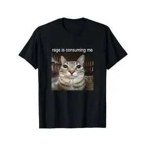 Men's Funny Cat Meme Graphic T-Shirt with 'Rage Is Consuming Me' Print, Casual Heavyweight 220G Cotton Short Sleeve Top