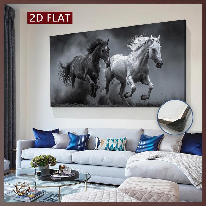 2D Flat Single Piece Wooden Frame Canvas Painting, Depicting a Black and White Horse Running in the Dust.This Exquisite Poster Can Be Used as Home Decoration and Wall Art, Suitable for Living Room, Bedroom, Office, Dining Room