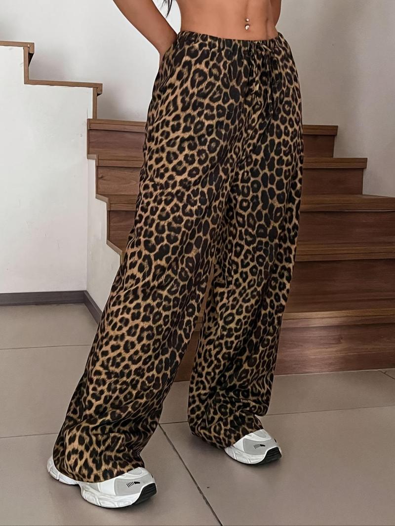 【Plus Size】 Leopard Print Wide Leg Pants, Casual Comfy Trousers for Daily Wear, Women's Bottoms for All Seasons, Casual Fashion Pants