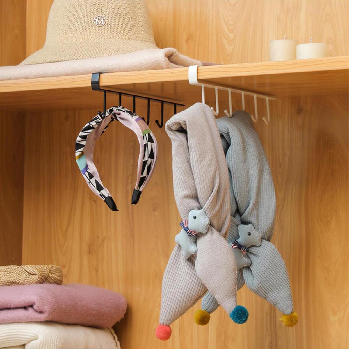 (Without Screws) Cup Hook Shelf, 1 Count Multifunctional Under Cabinet 6 Hooks Cup Storage Rack, Home Organizer for Kitchen Bathroom Bedroom, Wall Mounted Organizer