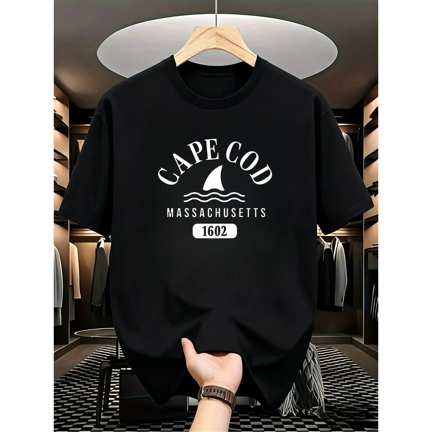 1pc Men'S Cape Cod Massachusetts Topts 1602 Graphic T-Shirt Dark Gray with White Lettering Nautical Sailboat Cape Cod Text Regular Fit Crew Neck Casual Tee Breathable Summer Shirt for Beach Outi