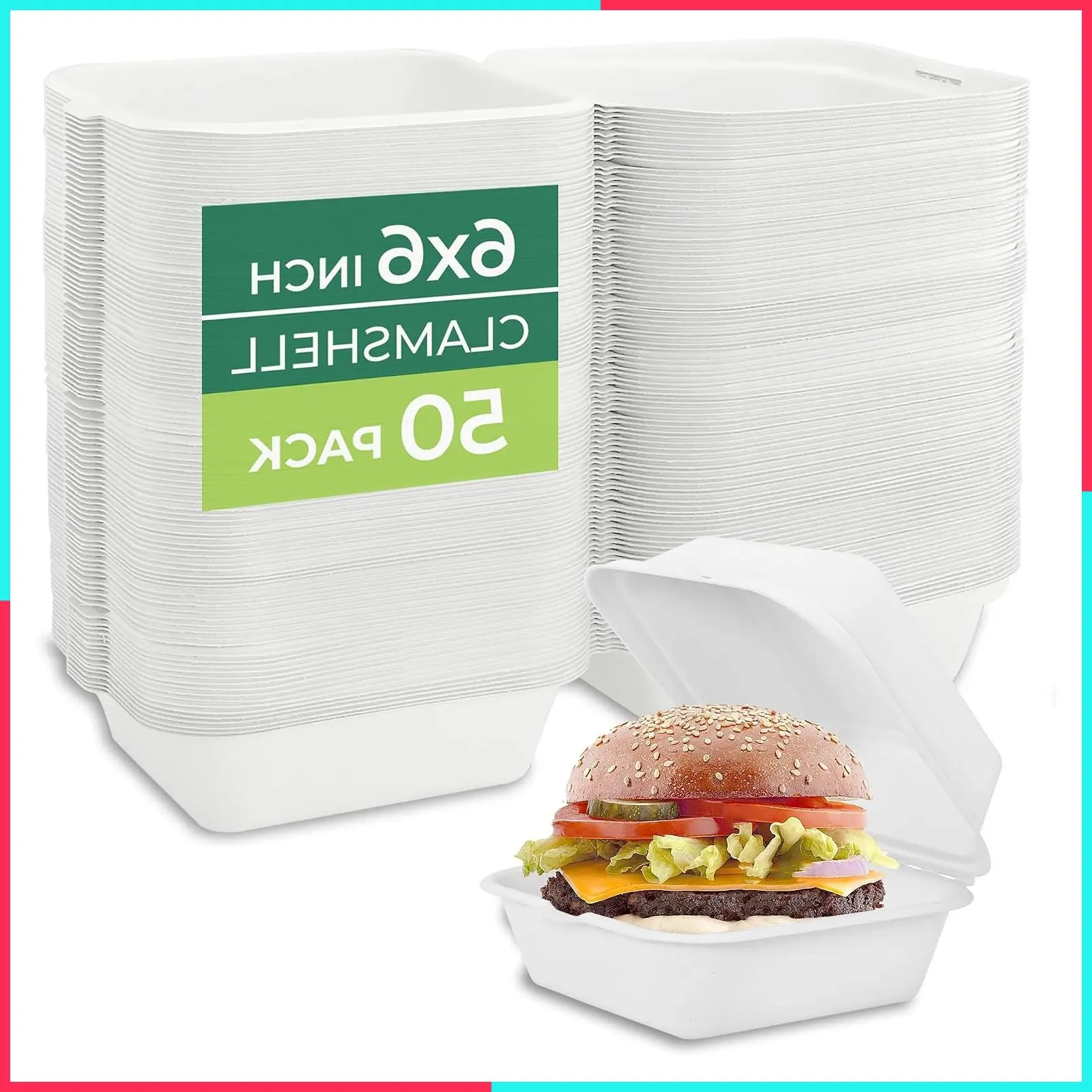 6x6 Clamshell Food Containers with Lids - 50-Pack Disposable Biodegradable Sugarcane To Go Boxes, Microwave & Freezer Safe, Stackable
