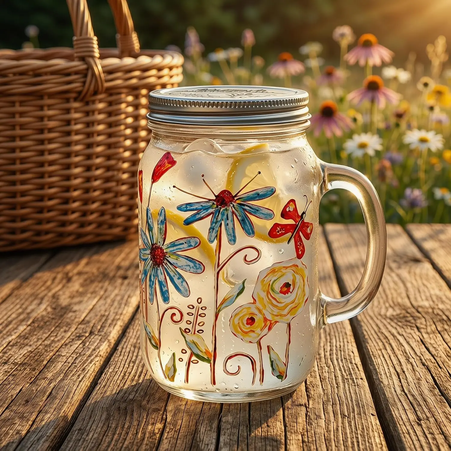 21oz Mason Jar Drinking Glass with Handle & Lid | Hand-Painted Floral Glass Cup for Iced Coffee, , Lemonade, Juice & Cold Drinks