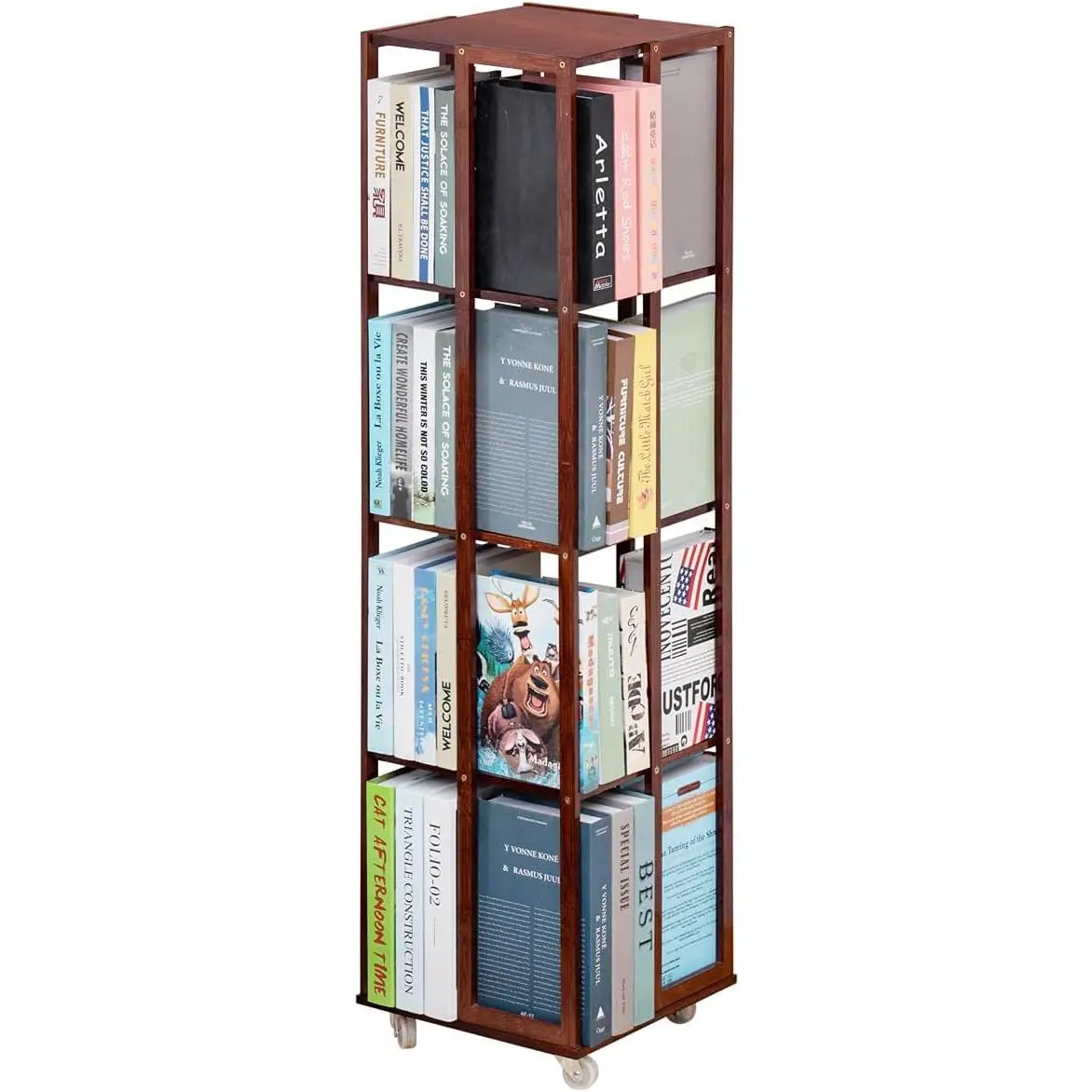 5 Tier Rolling Bookcase,  360 Rotating Bookshelf, Freestanding Storage Organizer Holder Book Rack with Wheels for Bedroom, Living Room  and Office