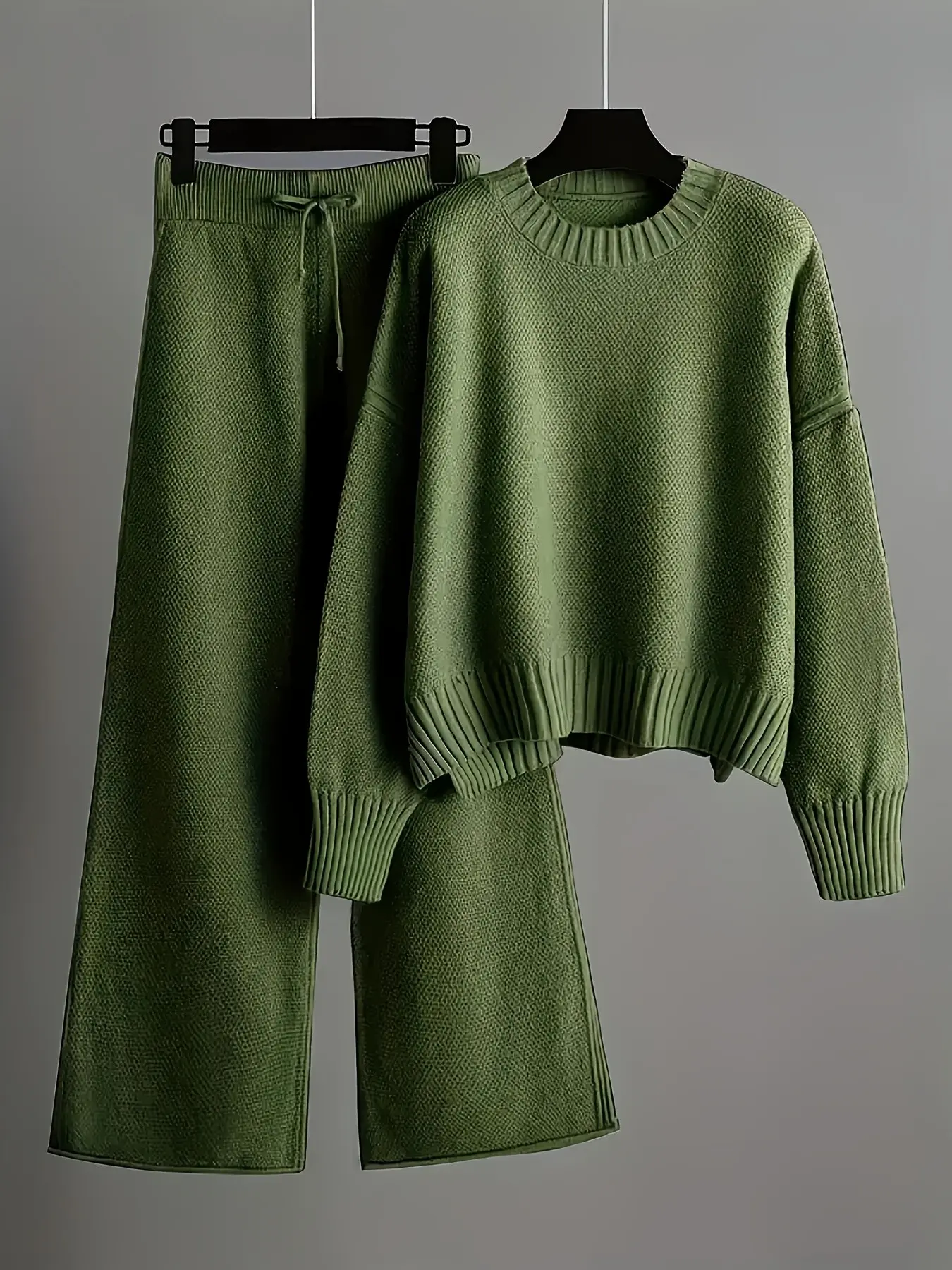 Women's Solid Color Loose Knit Top and Pants Set, Straight Leg Wide Leg Pants, Fashion Casual Style, Suitable for Spring Autumn Winter