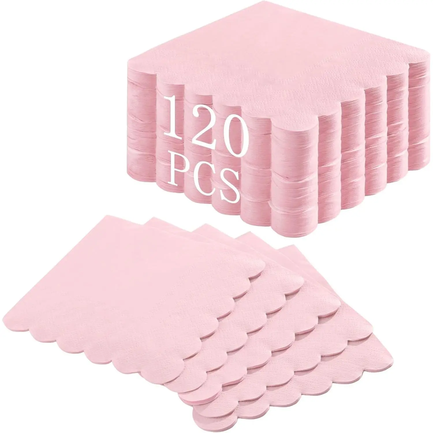 120 Pcs Cocktail Napkins Pink Paper Napkins Light Pink Dessert Beverage Napkin Cute Scalloped Party Napkin for Baby Bridal Shower, Birthday, 5 x 5 Inch