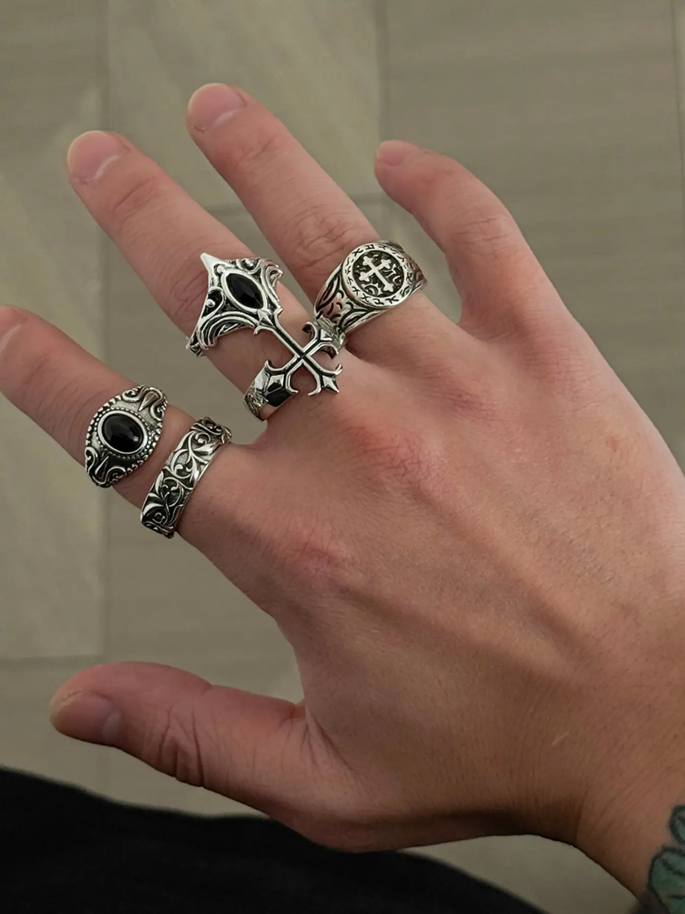 5 Pcs Vintage Thai Silver Alloy Cross Rings, Agate Replica, Open Wide Band, Punk Retro Stackable Rings, Unisex Streetwear Jewelry