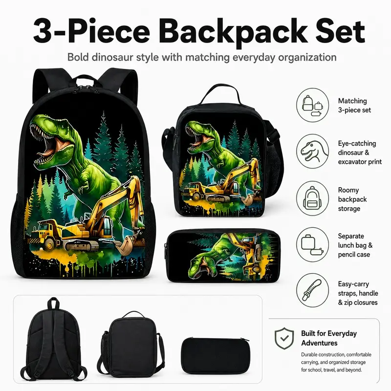 Dinosaur pattern printed 17-inch Backpack for school three-piece set (single-layer backpack + shoulder strap lunch bag + single-layer pencil case)