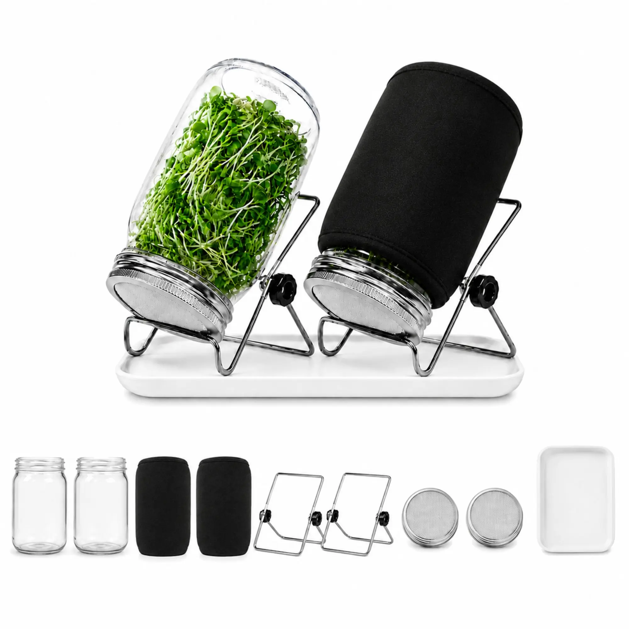 2pcs Sprouts Growing Jar Kit, 32oz Wide-Mouth Mason Jars, Stainless Steel Lids, Blackout Sleeves, Drain Tray for Microgreens, Broccoli, Alfalfa, Mung Bean