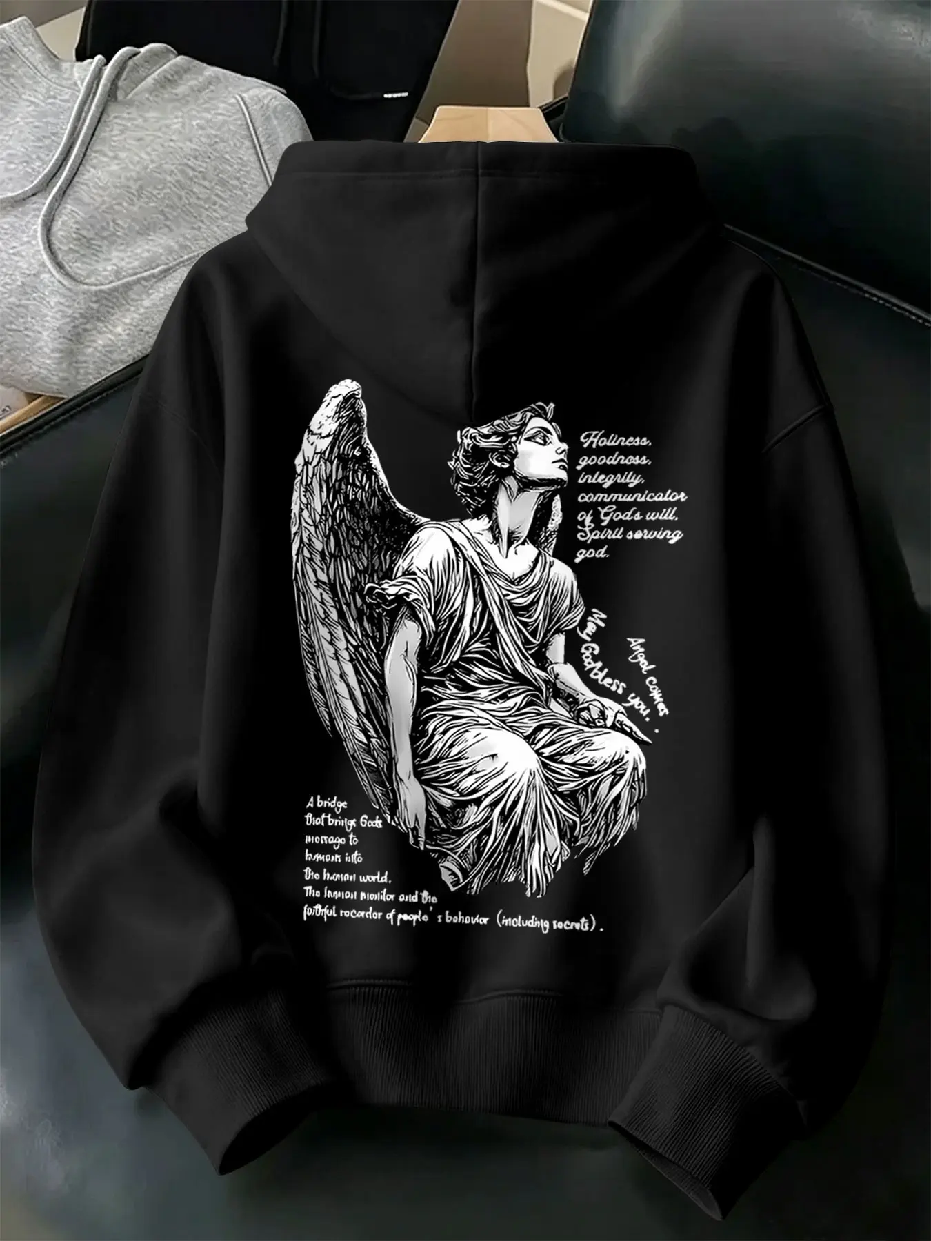 American Vintage Angel Statue Hoodie, High Street English Quote Loose Trendy Sweatshirt, Casual Tribal Pattern, Fall & Winter Fitted