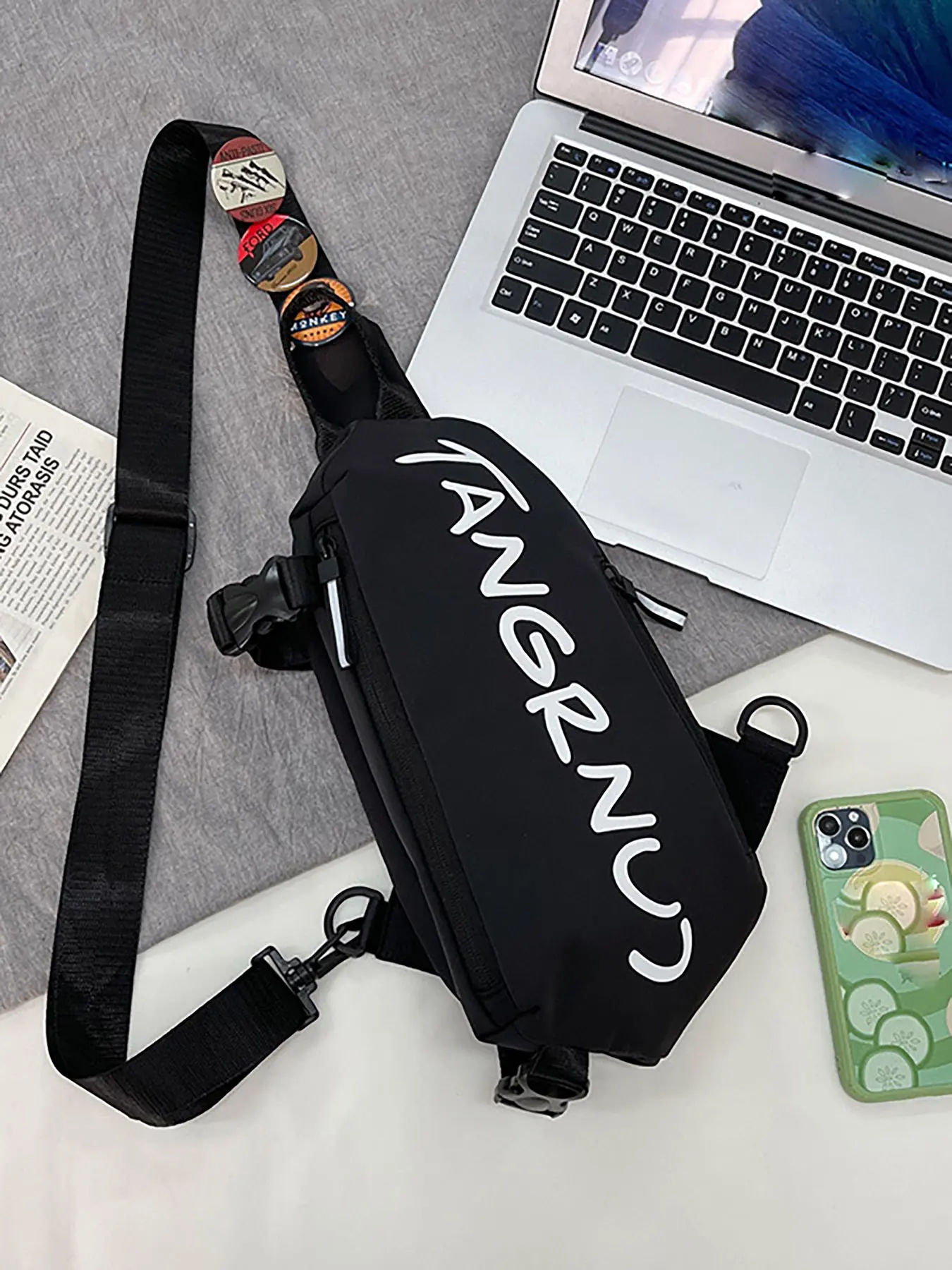 Urban trendy letter printed casual chest bag, lightweight sporty crossbody mini bag with multi-pocket storage, versatile carry pouch for street styling, daily use and outdoor activities