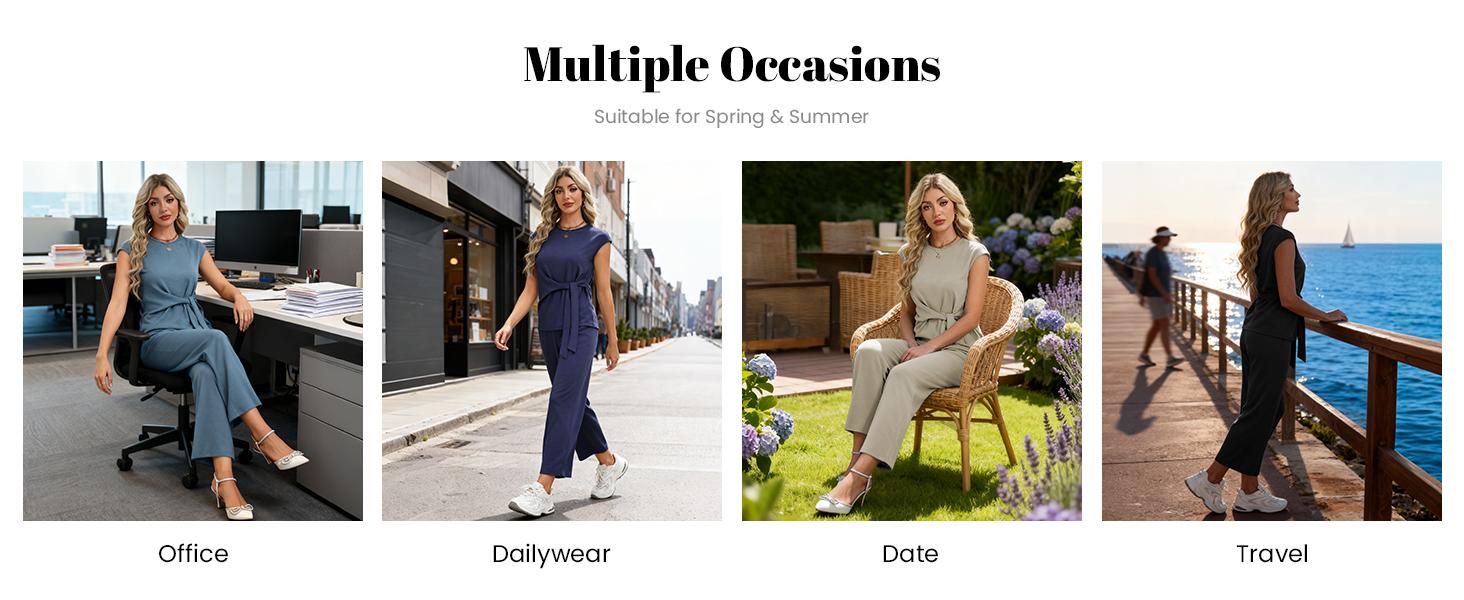 Casly Lamiit Women's 2 Piece Set - Soft Fabric Round Neck Cap Sleeve Top with Belted Tie & Crop Wide Leg Pants - Versatile Travel & Everyday Wear #Springfresh