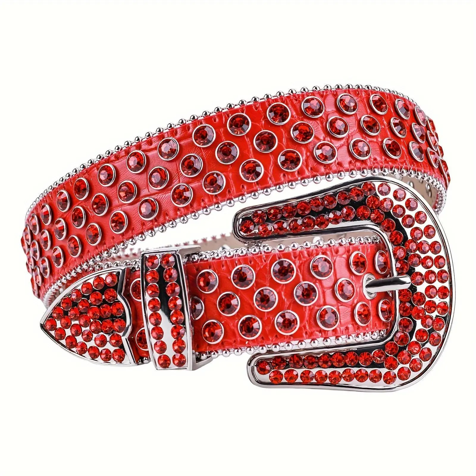 Red Rhinestone Western Belt, Y2K Cowgirl Bling Studded PU Leather Belt BB Simon Style Crystal Diamond Belt for Men Women Streetwear
