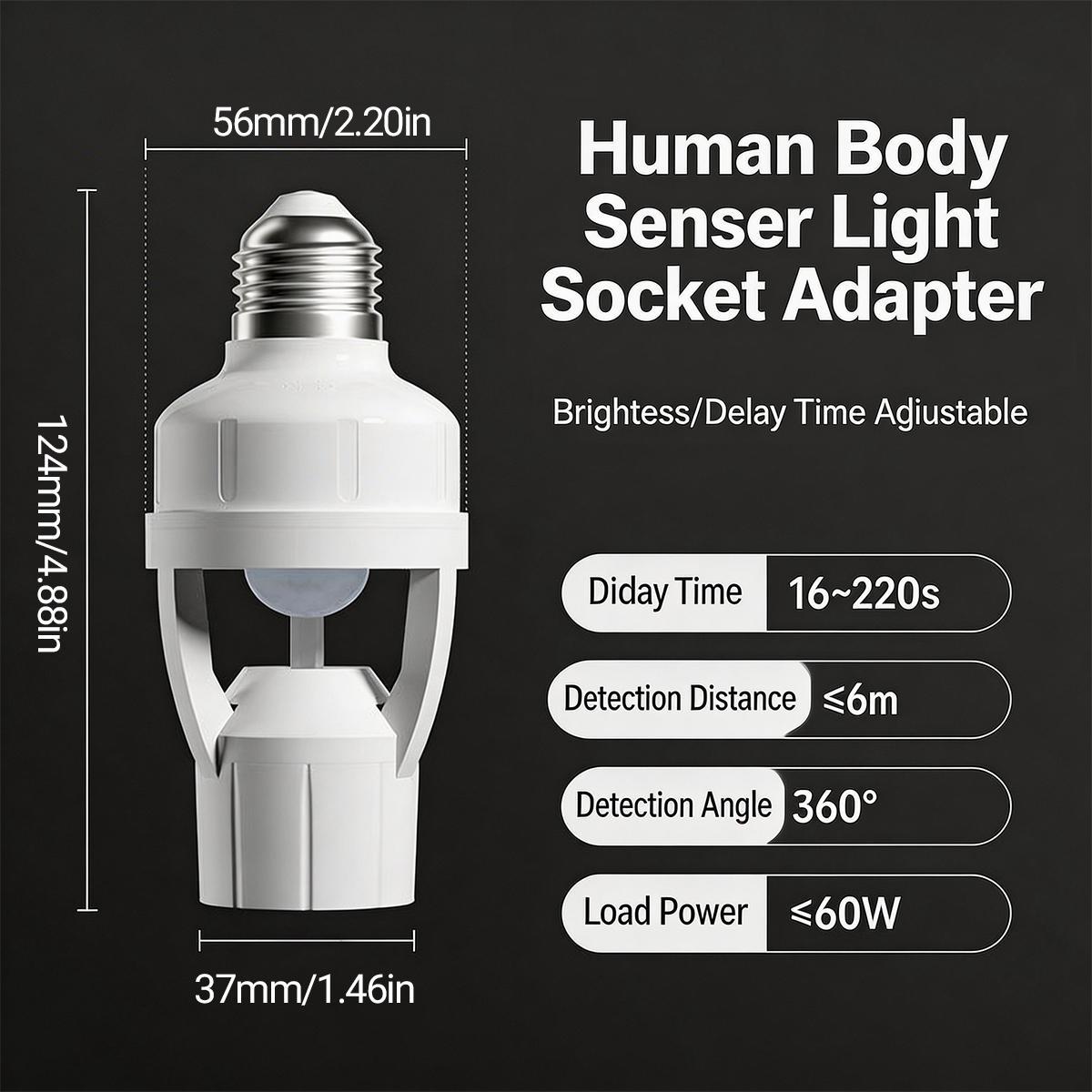Motion Sensor E27 Light Socket Converter, Adjustable Delay Time Switch, Color Temperature Control, Base, Home Use Bulb Adapter Motion Sensor E27 Light Socket Converter, Adjustable Delay Time Switch, Color Temperature Control, Base, Home Use Bulb Adapter