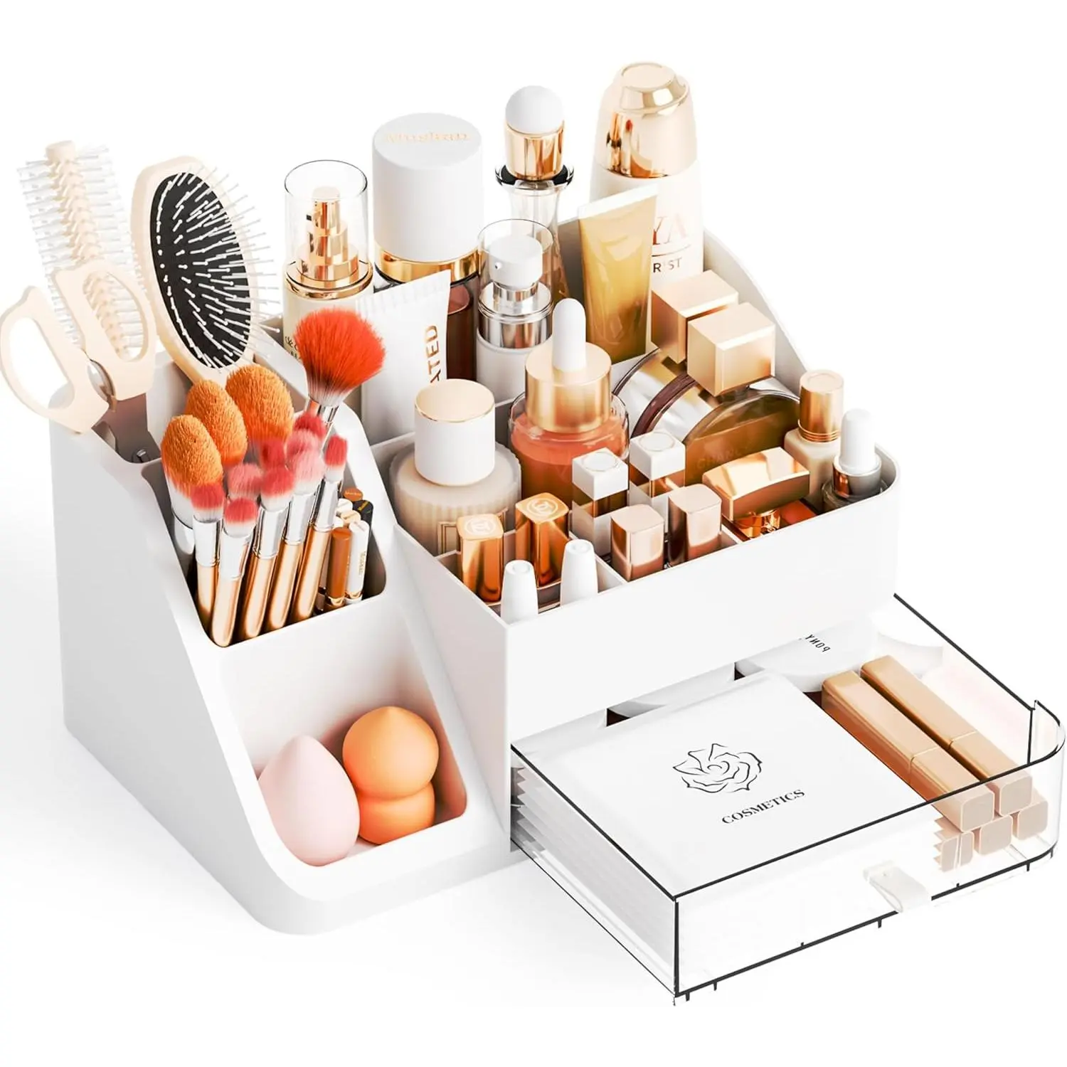 White Makeup Organizer Countertop,Large  Storage Organizer for Make up Brush,Hair Products and Beauty Skincare Organizers,Plastic Makeup Holders and Organizers for Bathroom,,Desk