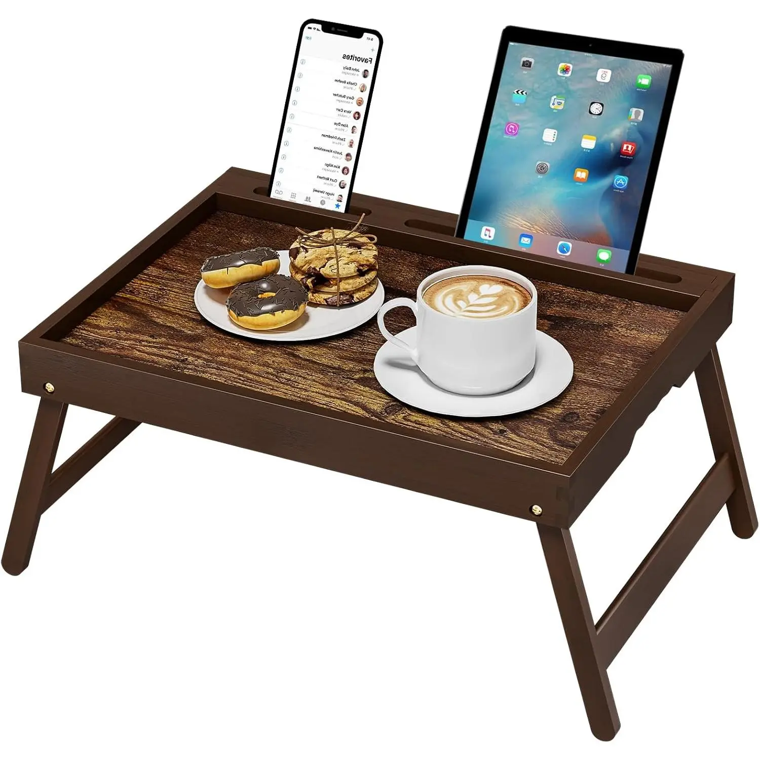 Bed Tray Table with Device Stand, Medium,  Walnut | FSC-certified  bed tray with folding  and removable device stand for meals, laptops, reading and serving in bed.
