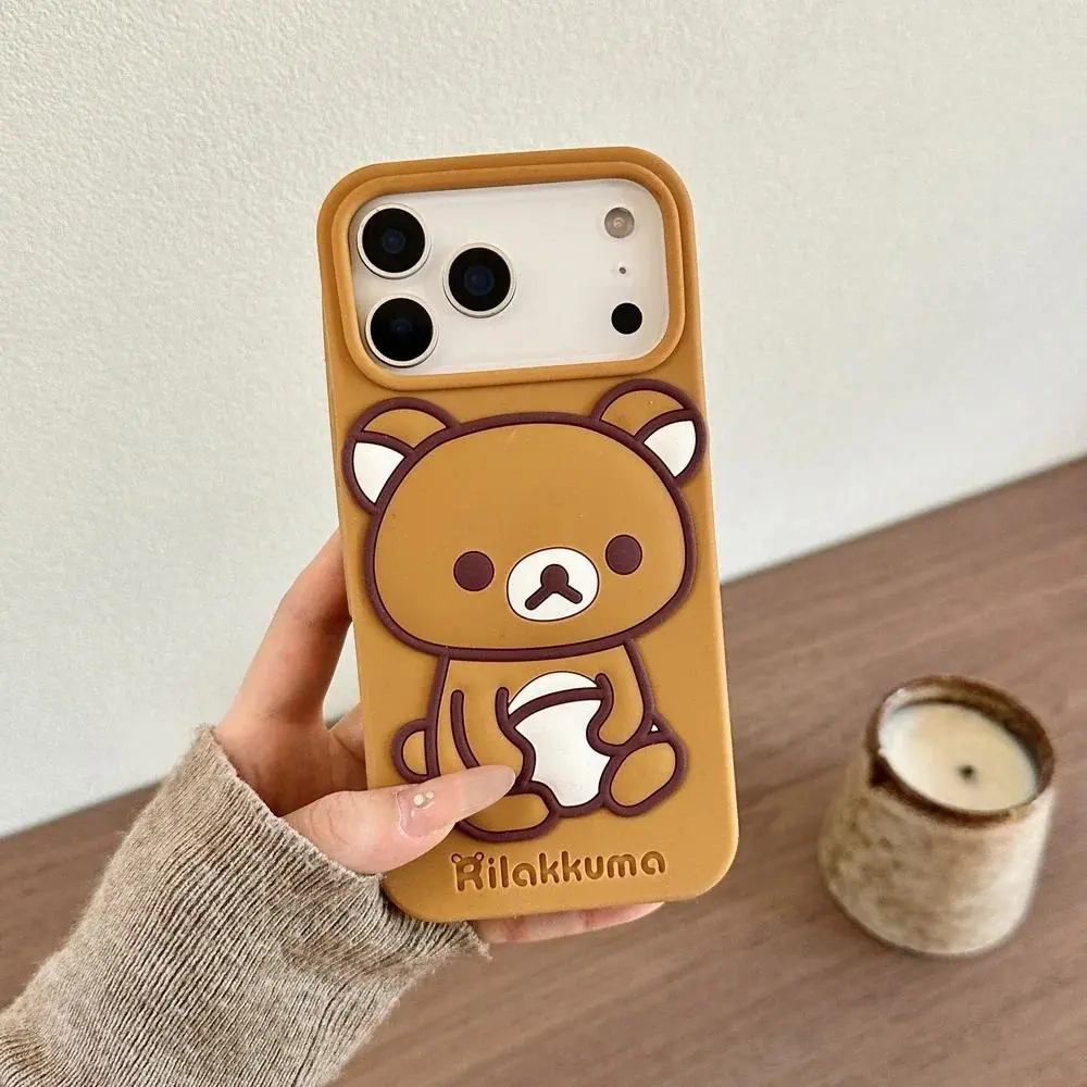 3D Stereoscopic Cute Cartoon Rilakkuma Bear Phone Case For iPhone 17 16 15 14 13 Pro Max Case Shockproof Soft Silicone Cover