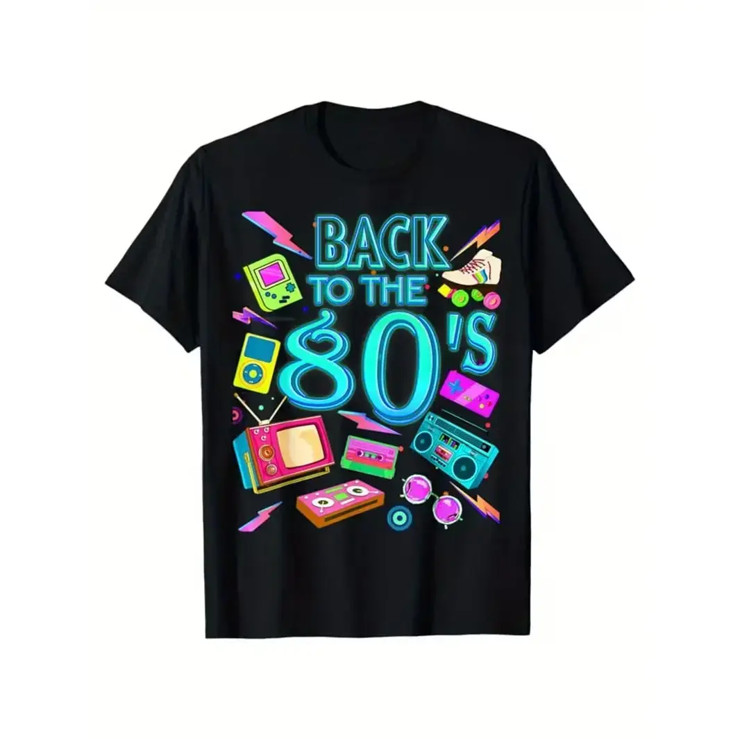 Men's 80s Retro Graphic T-Shirt | Vibrant Neon Carnival Print | Breathable Short Sleeve Tee