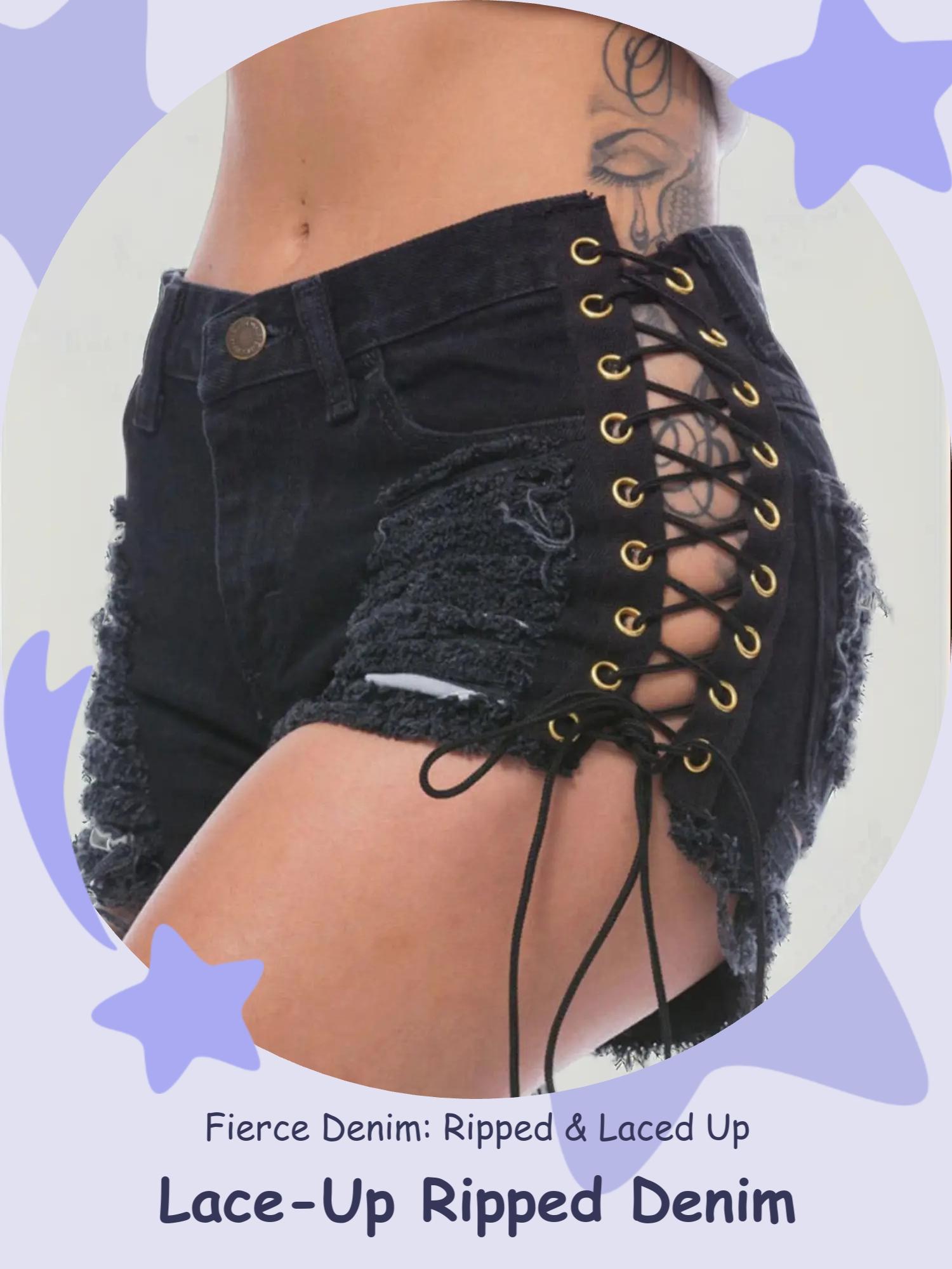 Women's Grommet Eyelet Lace Up Ripped Denim Shorts, Casual Boho Shorts, Fashion Casual Button Fly Short Jeans for Daily Wear, Ladies Bottoms for All Seasons