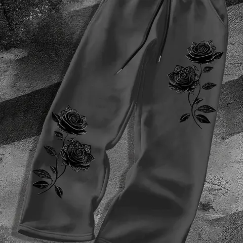 Men's Vintage Rose Floral Graphic Print Drawstring Waist Wide Leg, Baggy Oversized Sweatpants, Casual Wear Bottoms, Casual Streetwear Jogger Pants for Daily Outfit