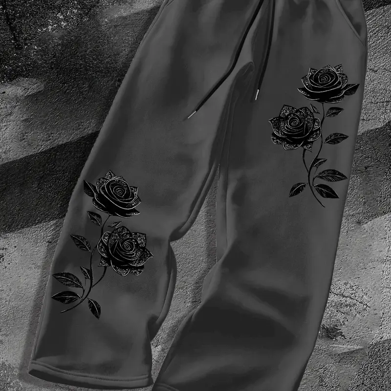 Men's Vintage Rose Floral Graphic Print Drawstring Waist Wide Leg, Baggy Oversized Sweatpants, Casual Wear Bottoms, Casual Streetwear Jogger Pants for Daily Outfit
