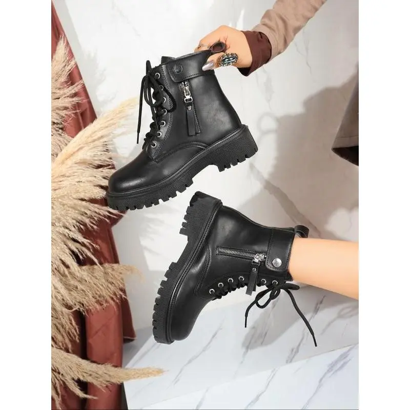 Ladies' classic ankle boots, fashionable motorcycle boots, side zipper design, lace up combat boots suitable for walking and work, fashionable platform short boots, comfortable shoes for daily wear