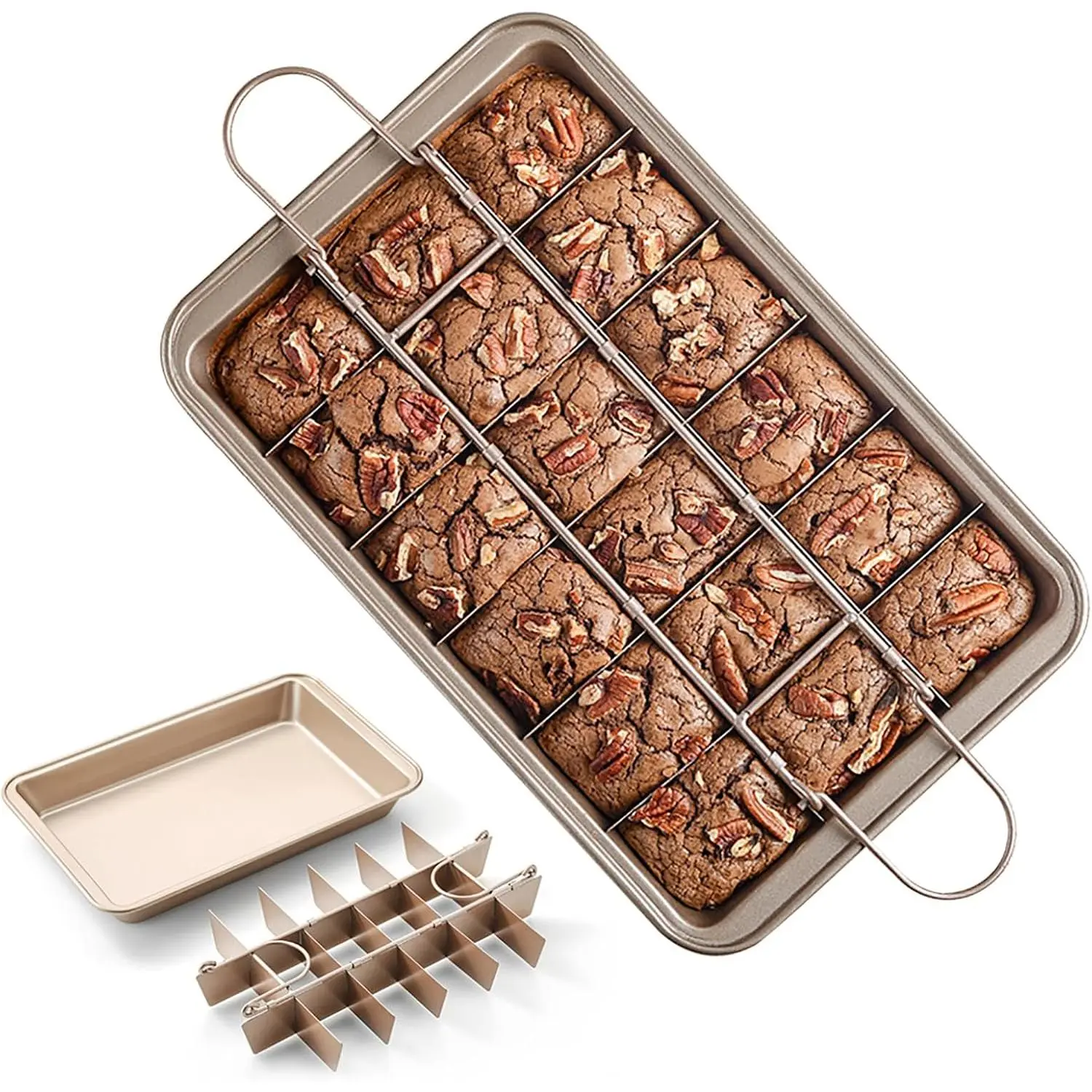 Non-Stick 18 Pre-Slice Brownie Baking Pan with Dividers & Grips, 12''X8''X2'' Carbon Steel Square Bakeware Tray, Oven Safe for Baking Cake Bread Biscuit Muffin
