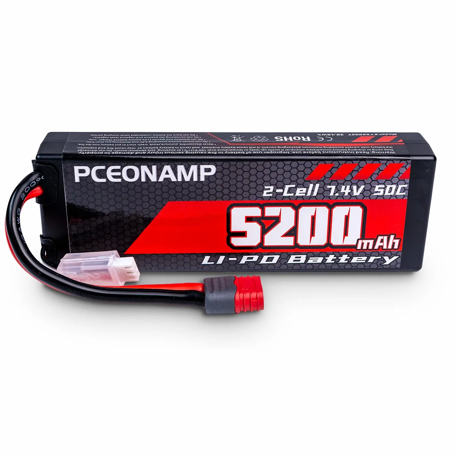 Pceonamp 2s 7.4v 50C 5200mah Li-Po Battery, Rechargeable High Capacity, T-Type Plug and Xt60 Connector, for RC Cars and Trucks