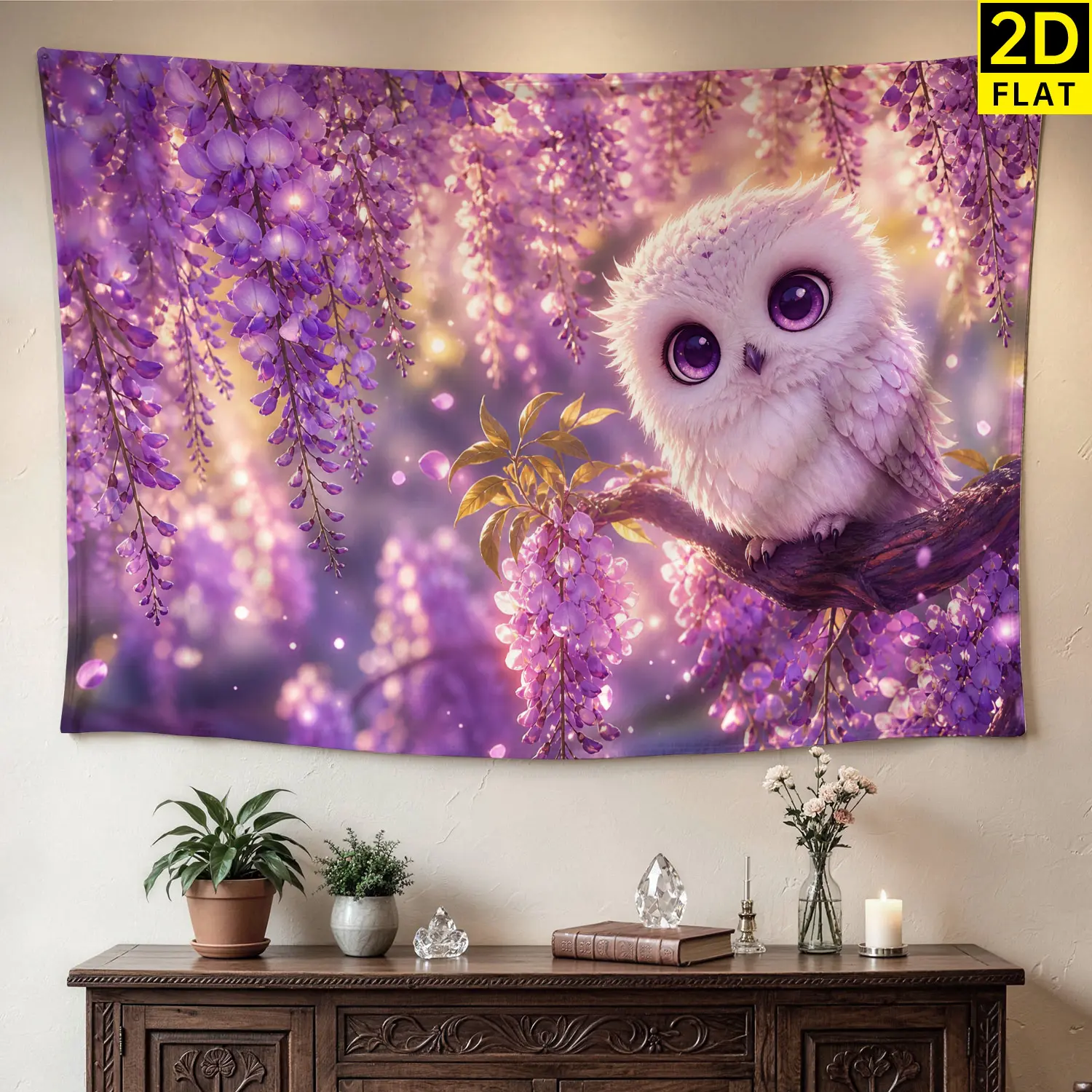 Large Horizontal Purple Wisteria & Whimsical Owl Tapestry - Colorfast Synthetic Polyester Hippie Chic No-Installation Wall Art, Home Decoration for Bedroom, Dining Room, Room Decorations, Family Gift Idea