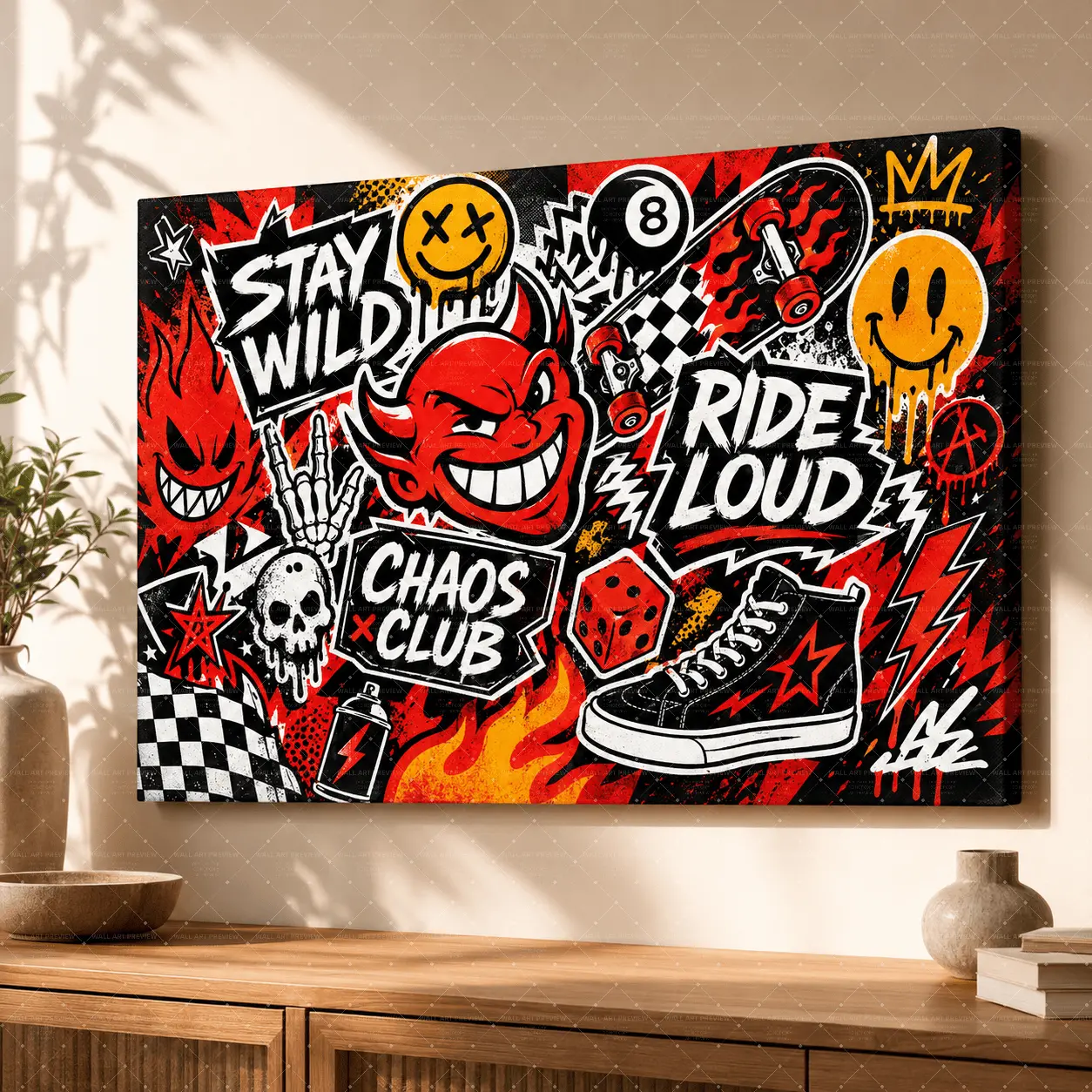 "Stay Wild Graffiti Canvas Art| Red Black Devil & Skate Print, Aesthetic Teen Room Decor, Punk Street Culture Statement Poster Gift",wall decor,poster.