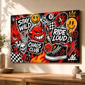 "Stay Wild Graffiti Canvas Art| Red Black Devil & Skate Print, Aesthetic Teen Room Decor, Punk Street Culture Statement Poster Gift",wall decor,poster.