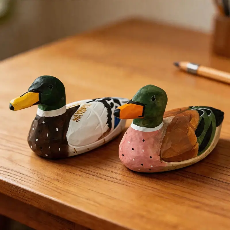 Hand Carved Solid Wood Mallard Duck Figurine - Home Decor Sculptures, Interior Decoration Accessories, Figurines for Collectors, Decorative Duck Ornament, Room Decor, Ideal Gift for Christmas & Chinese New Year, 1-Piece