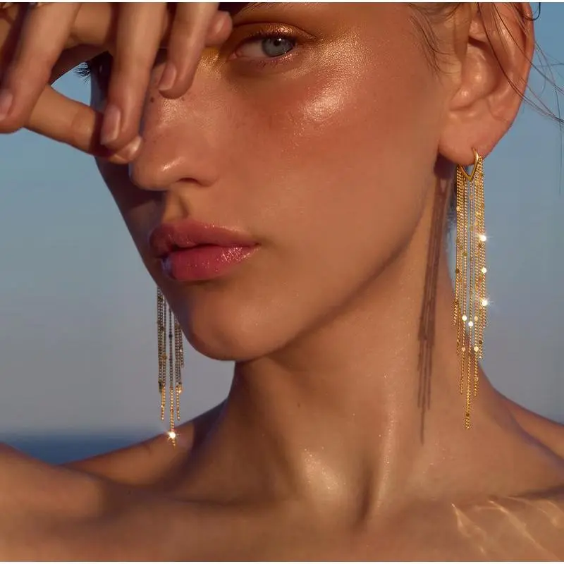 14K Gold Plated Long Tassel Earrings for Women, Exquisite Chain Tassel Threader Earrings Trendy Dangling,Trendy Hypoallergenic Bride Party Prom Jewelry and Women Gifts