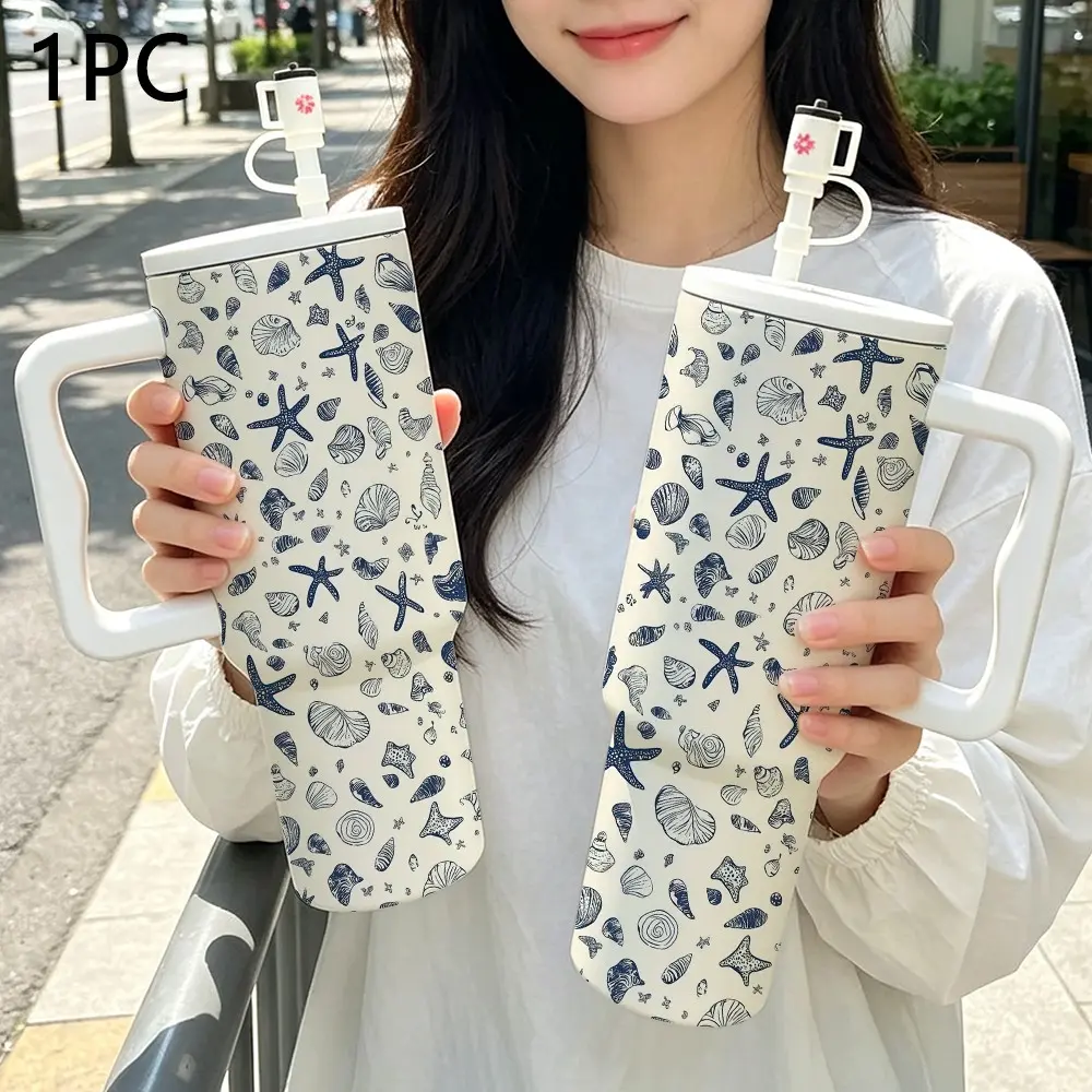 Simple Blue Line Starfish Shell Large Capacity Handle Insulated Cup, 304 Stainless Steel Vacuum Cold Proof, 30oz 40oz, 1 Piece