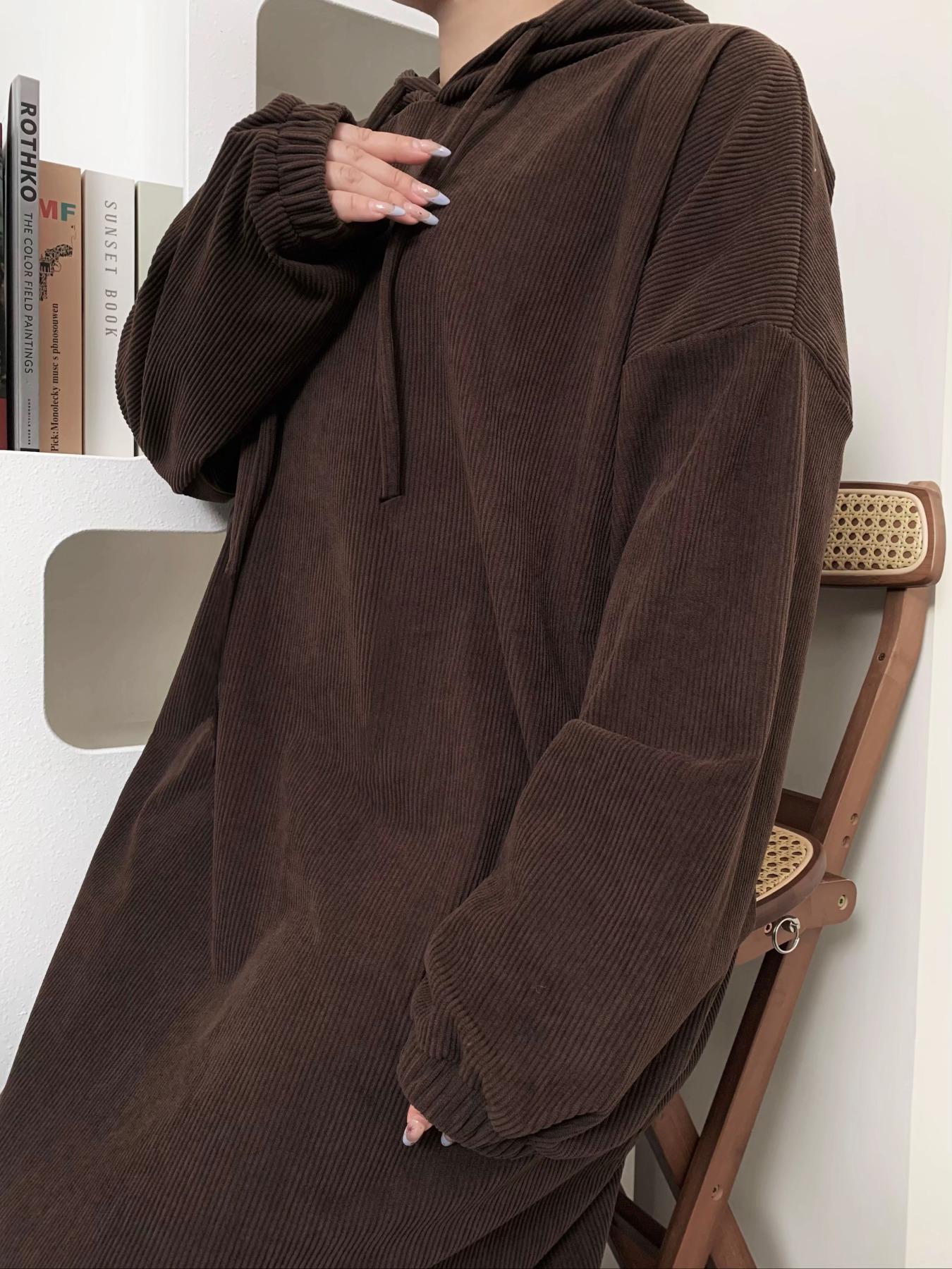 Women's Solid Drawstring Hooded Corduroy Dress, Casual Long Sleeve Dress for Fall & Winter, Women's Islamic Clothing for Daily Wear, Modest Muslim Outfits