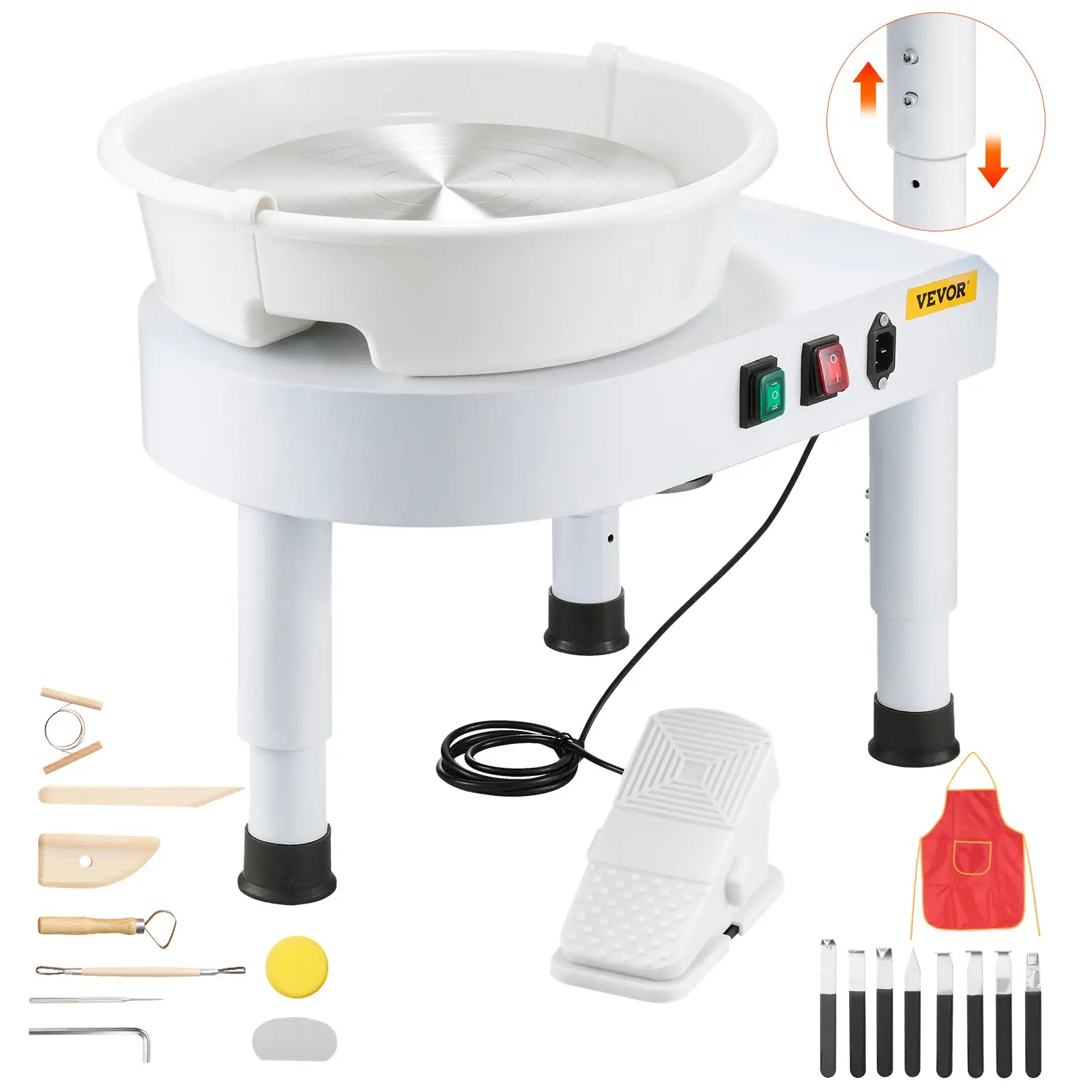 VEVOR 11-in Aluminum Alloy Pottery Wheel Forming Machine, 60-300 RPM Adjustable Speed, Foot Pedal Control, Detachable Basin, Adjustable Lift Leg, Complete Home Ceramic Arts DIY Hand Tool Kit, White