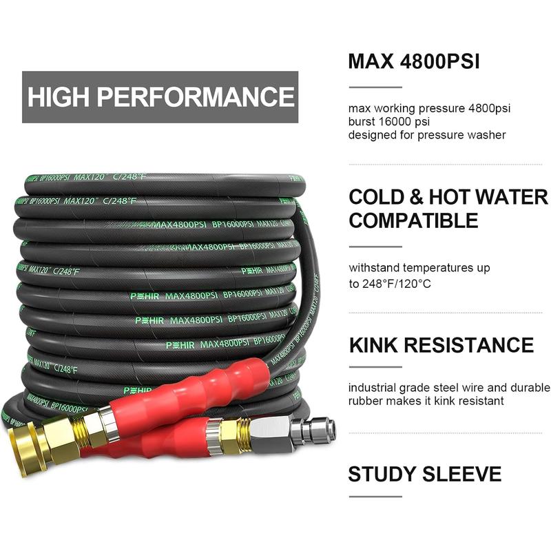 3/8"  Washer Hose 50 FT for Cold and Hot Water Max 248?F with Quick Connect, 4800psi Kink Resistant Industry Grade Steel Wire Braided Synthetic Rubber Jacket with 2 M22 14mm Adapter Set