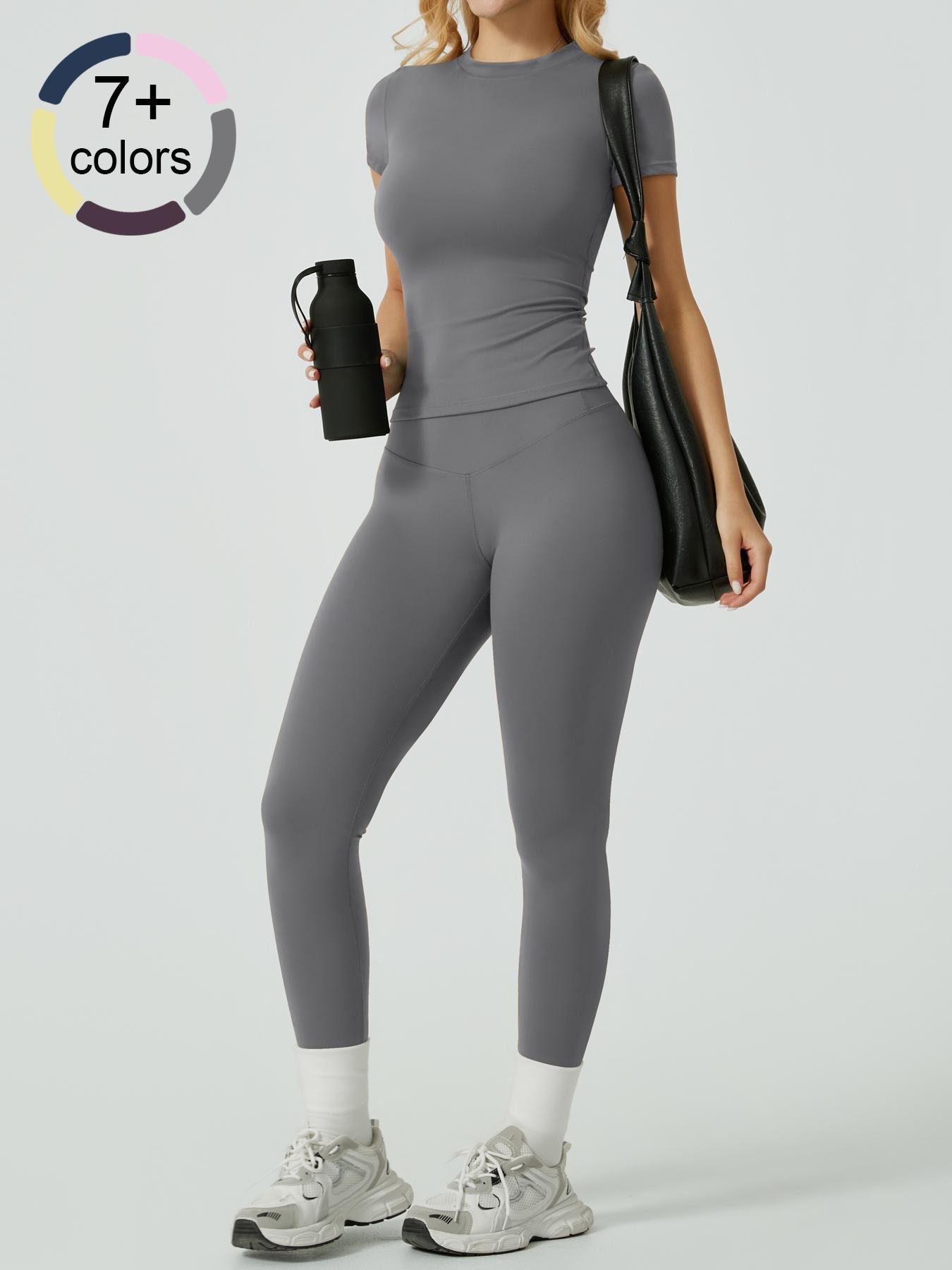 Women's Two-Piece Solid Ribbed Long Sleeve Tee & Leggings Sport Set, Casual Breathable Quick-Drying T-shirt & Skinny Pants Set for Yoga Gym, Ladies Sportswear for All Seasons, Workout Running Clothes, Gym Outfits