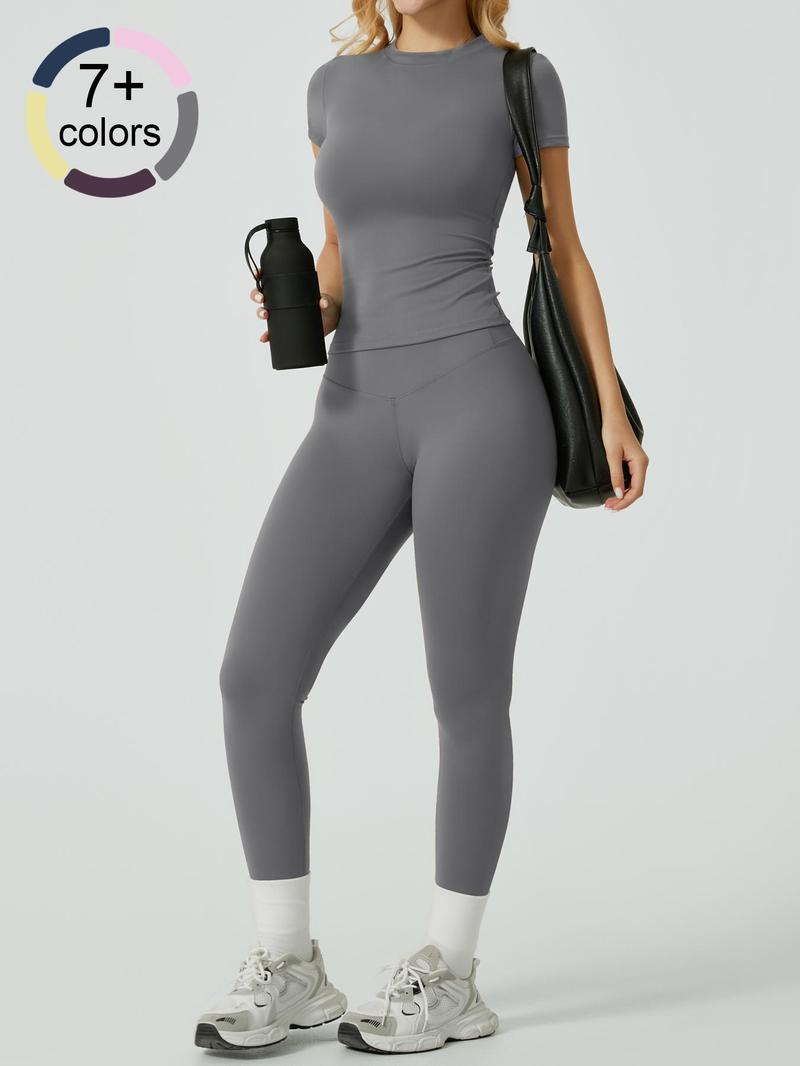 Women's Two-Piece Solid Ribbed Long Sleeve Tee & Leggings Sport Set, Casual Breathable Quick-Drying T-shirt & Skinny Pants Set for Yoga Gym, Ladies Sportswear for All Seasons, Workout Running Clothes, Gym Outfits